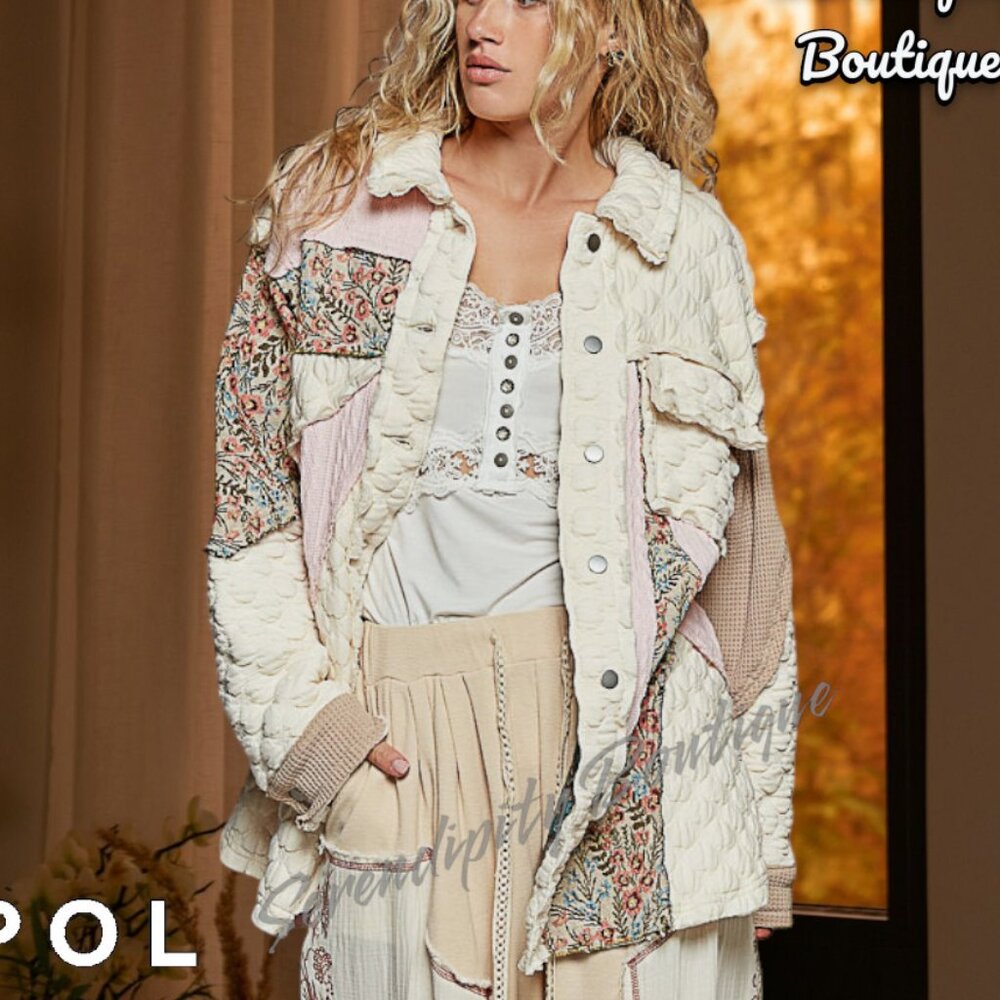 POL Coastal Bohemian Luxurious Quilted Jacquard Collared Button Up Comfy Jacket - Picture 5 of 15